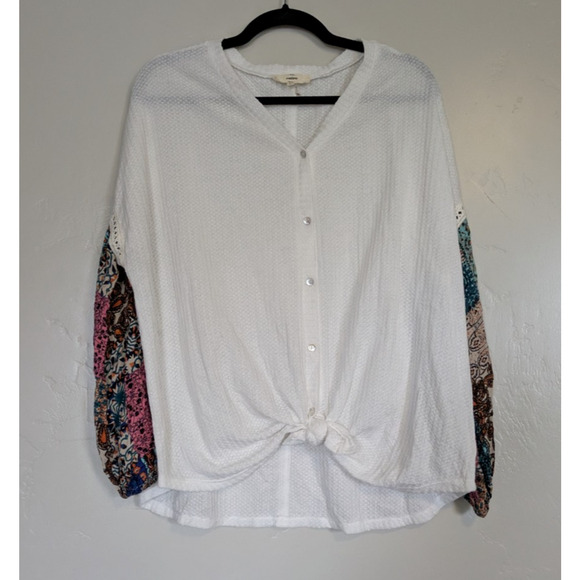 Entro‎ Top Womens Large Floral Sleeves Patchwork Entro Waffle Knit Long Sleeve - Picture 2 of 7